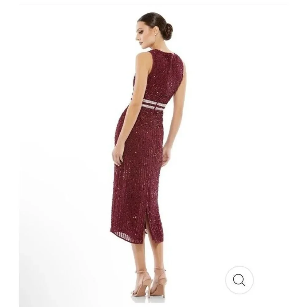 Mac Duggal Red Sequin Beaded Midi Sheath Cocktail Dress Gown Sz 6 $398 NWT 10509